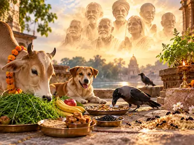 श्राद्ध में पंचबलि / पंचग्रास: गौ-माता, कौवे, कुत्ते, चींटियों और अग्नि देव को भोग - मान्यता के अनुसार पितरों की तृप्ति हेतु पितृ पक्ष गौ-सेवा