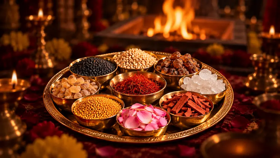 नवार्ण महायज्ञ के 9 दिव्य हवन सामग्री: काले तिल, जौ, गुग्गुल, लोबान, मिश्री, पीली सरसों, लाल चंदन, केसर और कमल के फूल