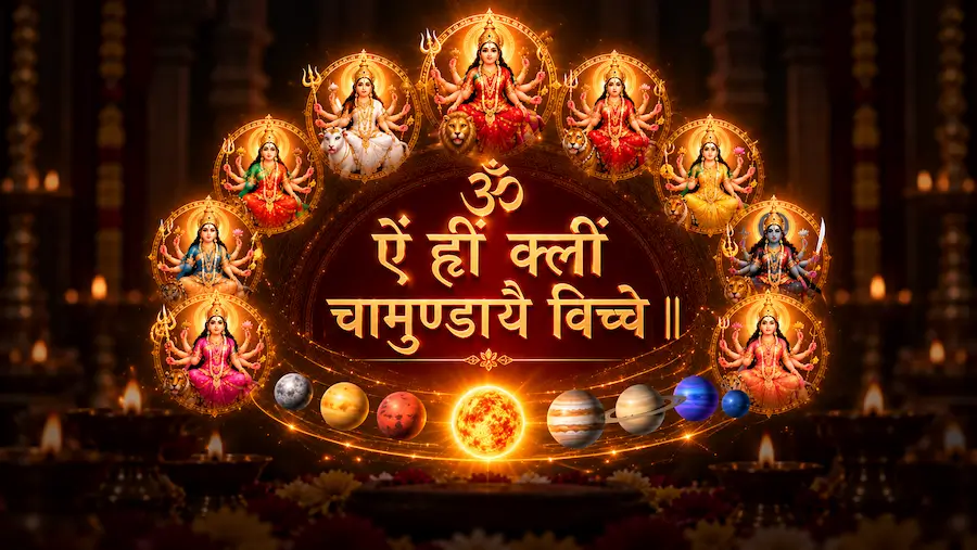 नवार्ण मंत्र ऐं ह्रीं क्लीं चामुण्डायै विच्चे - नौ अक्षर, नवदुर्गा के नौ स्वरूप और नौ ग्रह