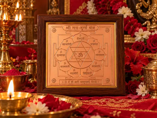 नवदुर्गा यंत्र - 3×3 इंच ताम्र-निर्मित, फ़्रेम सहित, नवरात्रि नवार्ण महायज्ञ में सिद्ध एवं अभिमंत्रित