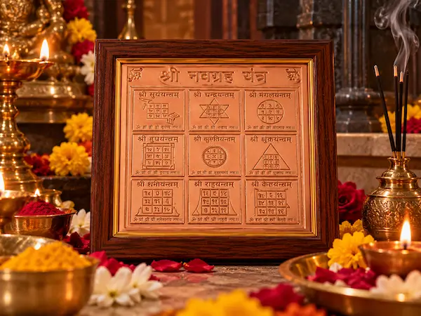 नवग्रह यंत्र - 3×3 इंच ताम्र-निर्मित, नवरात्रि नवार्ण महायज्ञ में सिद्ध, नौ ग्रहों की शांति की कामना हेतु