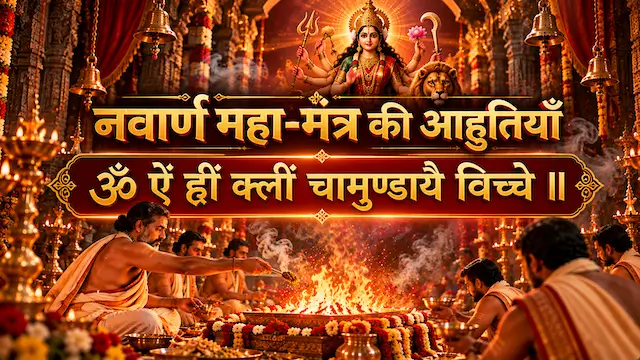 नवार्ण महामंत्र ॐ ऐं ह्रीं क्लीं चामुण्डायै विच्चे से आहुति - सिद्ध नव-दुर्गा मंदिर का नवरात्रि 2026 महायज्ञ